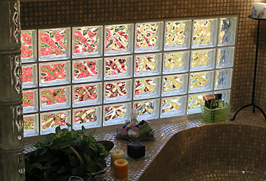 Decora pattern glass block window over spa.